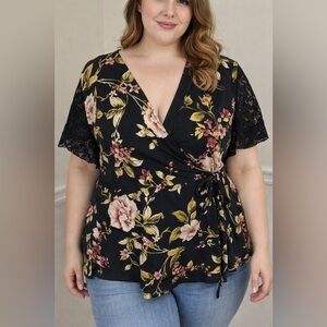 Flower & Feather Floral Wrap Blouse XL Black Lace Sleeve Peplum Top NWT